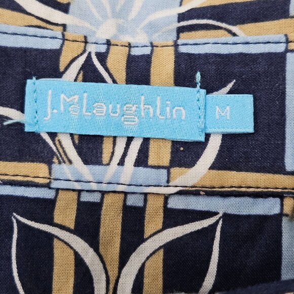 J. McLaughlin Button Down Blouse Sz Medium Blue & Tan Plaid Floral Career - Picture 8 of 9